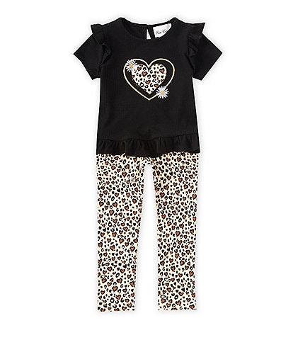 Rare Editions Little Girls 2T-6X Short Sleeve Heart-Appliqued Rib-Knit Tee & Cheetah Print Leggings Set
