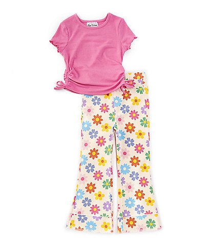 Rare Editions Little Girls 2T-6X Short Sleeve Rib-Knit Top & Flower-Printed Flared Leggings Set