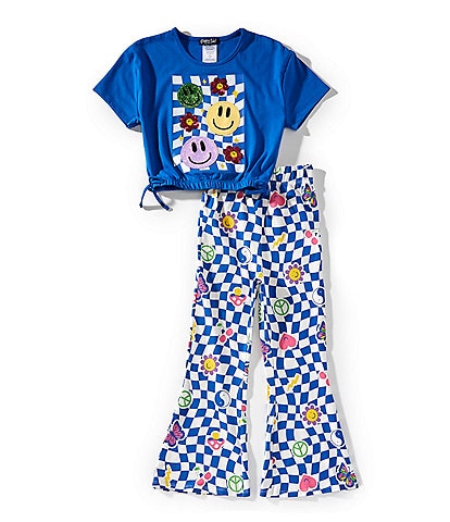 Rare Editions Little Girls 2T-6X Short-Sleeve Smiley Face/Checkered Graphic T-Shirt & Allover Printed Leggings Set