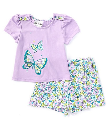 Rare Editions Little Girls 2T-6X Short-Sleeve Solid/Printed Butterfly-Applique T-Shirt & Printed Skort Set