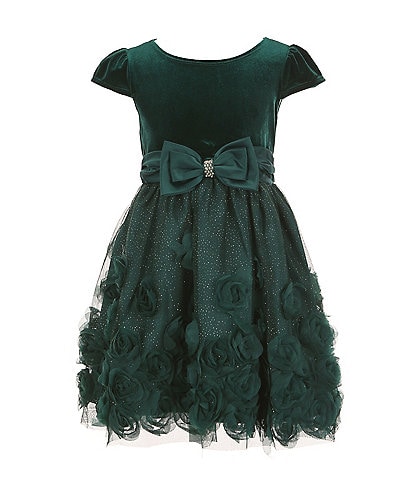 Rare Editions Little Girls 2T-6X Short-Sleeve Velvet/Glitter-Accented Soutache-Rosette-Embroidered Fit-And-Flare Dress