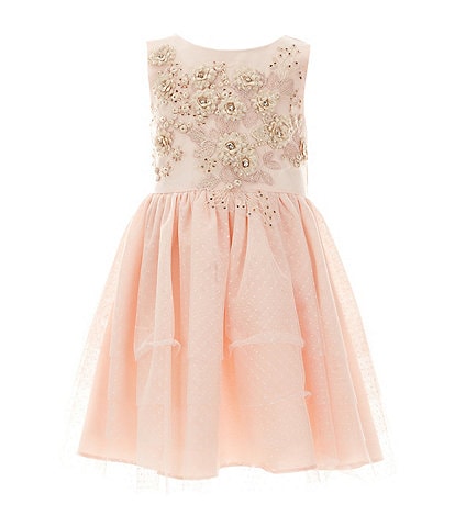 Rare Editions Little Girls 2T-6X Sleeveless Beaded-Applique Bodice/Clip-Dot Skirted Fit-And-Flare Satin Dress