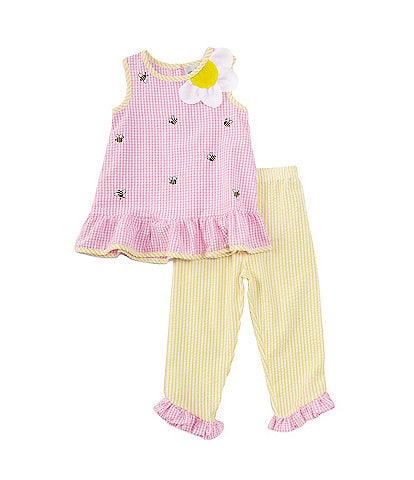 Rare Editions Little Girls 2T-6X Sleeveless Checked Schiffli-Bee-Embroidered Tunic Top & Checked Pant Set