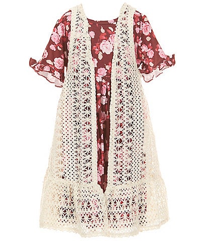 Rare Editions Little Girls Sleeveless Crocheted Cardigan & Short-Sleeve Floral-Printed Fit-And-Flare Dress Set