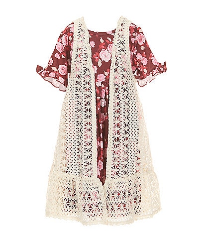 Rare Editions Little Girls Sleeveless Crocheted Cardigan & Short-Sleeve Floral-Printed Fit-And-Flare Dress Set