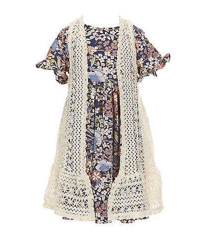 Rare Editions Little Girls 2T-6X Sleeveless Crocheted Cardigan & Short Sleeve Printed Fit & Flare Dress Set