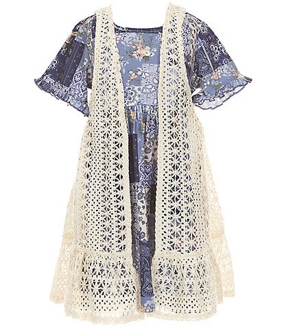 Rare Editions Little Girls 2T-6X Sleeveless Crocheted Vest & Short-Sleeve Printed A-Line Dress Set