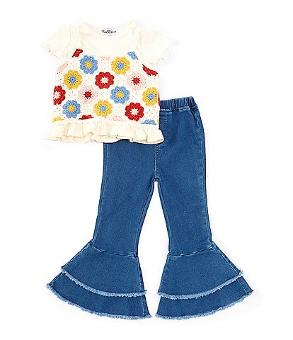 Rare Editions Little Girls 2T-6X Sleeveless Crocheted Vest & Short Sleeve Top & Denim Flare Leg Pant Set