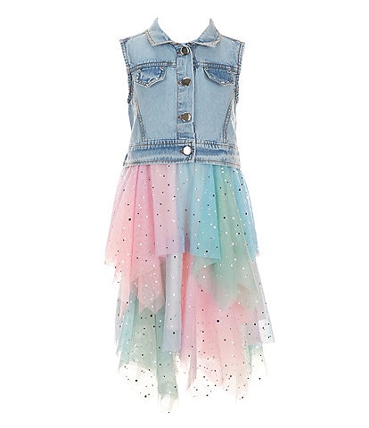 Rare Editions Little Girls 2T-6X Sleeveless Denim Vest & Sleeveless Glitter-Accented Ombre Asymmetrical-Skirted Dress