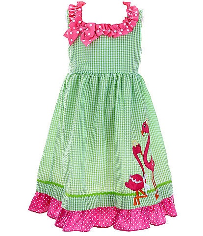 Rare Editions Little Girls 2T-6X Sleeveless Flamingo-Appliqued Checked Seersucker Fit-And-Flare Dress