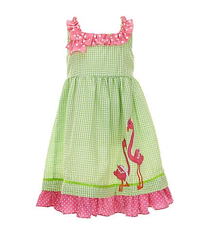 Rare Editions Little Girls 2T-6X Sleeveless Flamingo-Appliqued Checked/Dotted Fit-And-Flare Dress