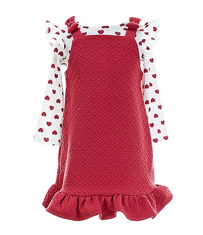 Rare Editions Little Girls 2T-6X Sleeveless Heart Motif Jacquard Jumper Dress & Long Sleeve Dotted Knit Tee Set