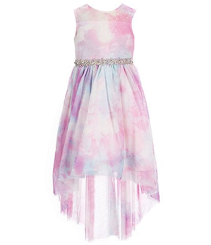 Rare Editions Little Girls 2T-6X Sleeveless Illusion Yoke Jeweled Waistline Tie-Dye Mesh High-Low Dress