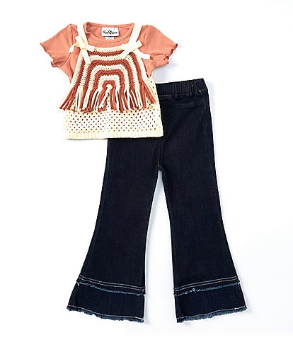 Rare Editions Little Girls 2T-6X Sleeveless Rainbow-Pattern Crocheted Top & Solid Short Sleeve T-Shirt & Flare Leg Jeans Set