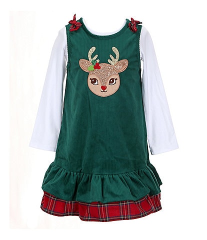 Rare Editions Little Girls 2T-6X Sleeveless Red-Nosed Reindeer-Face Corduroy Jumper Dress & Solid Long Sleeve Knit T-Shirt Set