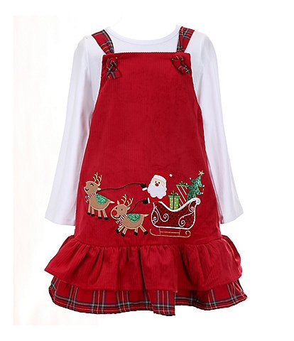 Rare Editions Little Girls 2T-6X Sleeveless Santa In Sleigh Corduroy Jumper Dress & Solid Long-Sleeve Knit T-Shirt Set