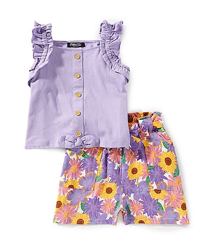 Rare Editions Little Girls 2T-6X Sleeveless Solid Tank Top & Flower-Printed Shorts Set