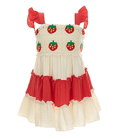 Rare Editions Little Girls 2T-6X Sleeveless Strawberry-Crochet-Bodice/Color Block Gauze Skirted Dress