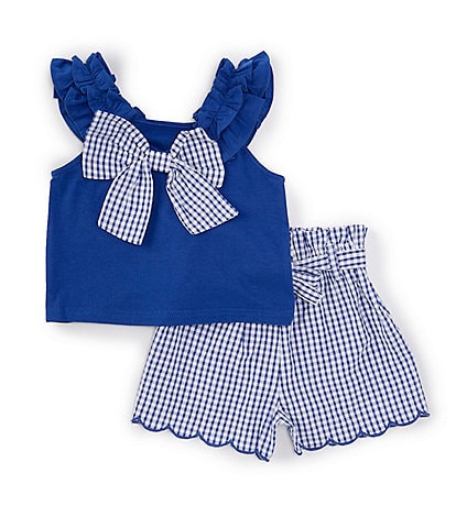 Rare Editions Little Girls 2T-6X Solid Bow-Accented Knit Top & Checked Seersucker Shorts Set