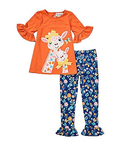 Rare Editions Little Girls 3/4-Sleeve Giraffe-Face-Applique T-Shirt & Printed Leggings Set