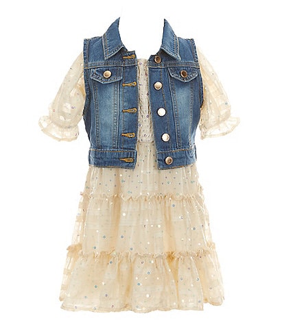 Rare Editions Little Girls 4-6X Sleeveless Denim Vest & Sequin-Embellished Floral Chiffon Fit-And-Flare Dress Set