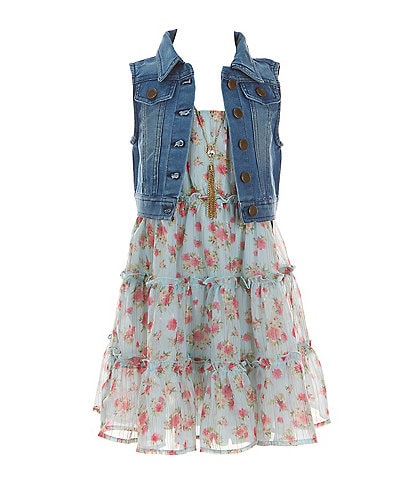 Rare Editions Little Girls 4-6X Sleeveless Denim Vest & Sleeveless Ditsy Floral-Printed Fit & Flare Dress
