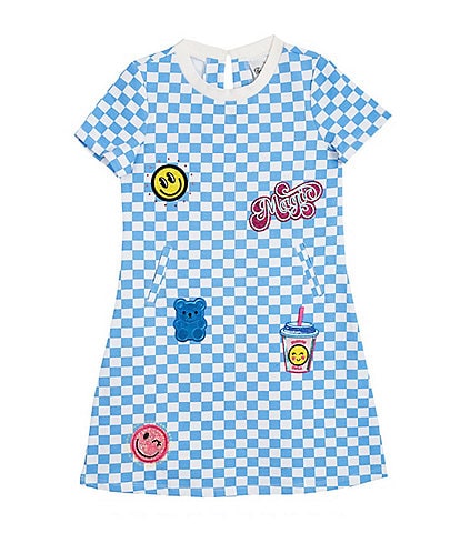 Rare Editions Little Girls Blue French Terry Checkered Patches Skater Dress