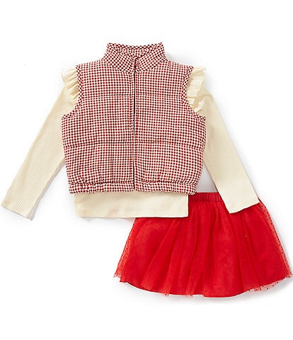 Rare Editions Little Girls Long Sleeve Red Gingham Vest Tee & Tutu 3-Piece Set