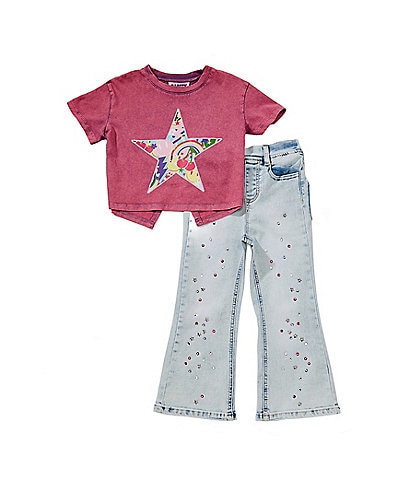 Rare Editions Little Girls Short Sleeve Acid Washed T-Shirt & Wide Leg Pants Set