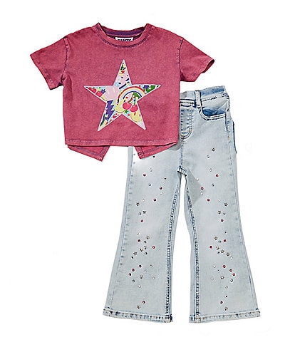 Rare Editions Little Girls Short Sleeve Acid Washed T-Shirt & Wide Leg Pants Set