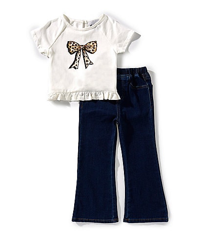 Rare Editions Little Girls Short-Sleeve Leopard-Bow-Printed T-Shirt & Jeans Set