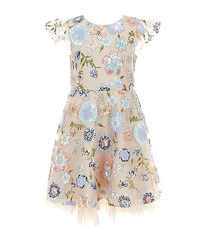 Rare Editions Little Girls Short-Sleeve Sequin-Embellished Floral-Embroidered Fit-And-Flare Dress