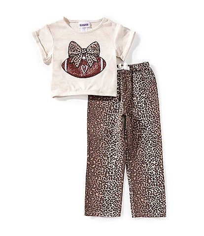 Rare Editions Little Girls Short Sleeve Solid Football Applique Knit Top & Cheetah-Printed Cheetah Pants Set