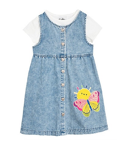 Rare Editions Little Girls Sleeveless Appliqued Denim Dress & Short-Sleeve Solid Knit T-Shirt Set