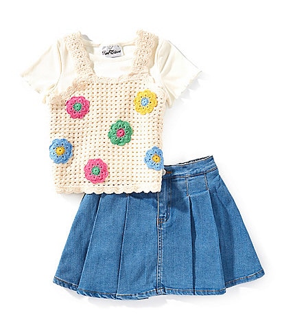 Rare Editions Little Girls Sleeveless Crocheted Tank Top, Short-Sleeve T-Shirt & Denim Skort Set