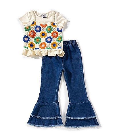 Rare Editions Little Girls Sleeveless Crocheted Vest, Short-Sleeve Knit T-Shirt & Denim Ruffle-Leg Jeans Set