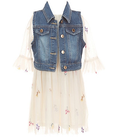 Rare Editions Little Girls Sleeveless Denim Vest & Short-Sleeve Floral-Embroidered Mesh Fit-And-Flare Dress Set
