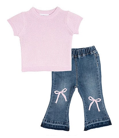 Rarity Baby Girls Short Sleeve Crocheted Knit Top & Bow-Embroidered Flare-Leg Denim Jeans Set