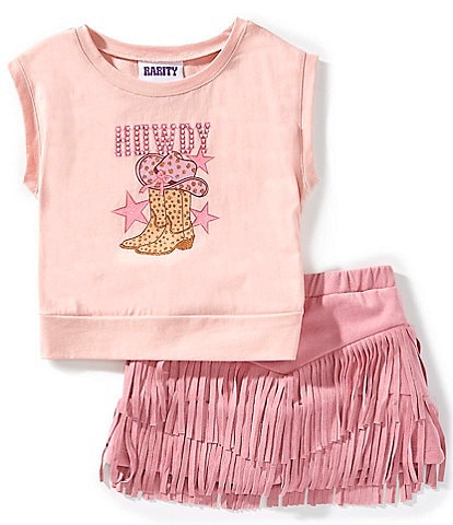 Rarity Little Girls Short-Sleeve Cowboy Boot Graffiti Graphic T-Shirt & Fringed Skirt Set