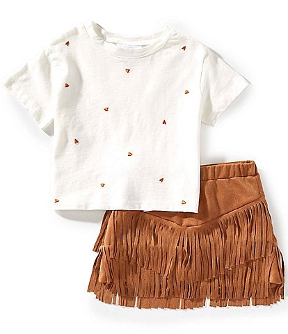Rarity Little Girls Short-Sleeve Heart-Embroidered T-Shirt & Fringe-Accented Faux-Suede Skort Set