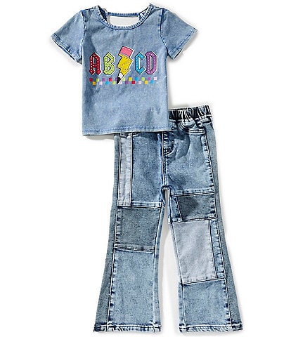 Rarity Little Girls Short-Sleeve "ABCD" Acid-Wash Top & Patchwork Jeans Set