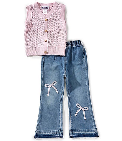 Rarity Little Girls Sleeveless Crocheted Vest & Bow-Detailed Jeans Set