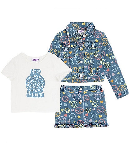 Rarity Little Girls Long-Sleeve Smiley Face Denim Jacket & Matching Skirt & Short-Sleeve Keep Smiling T-Shirt Set