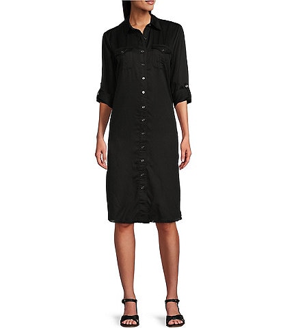 Reba Annie Point Collar 3/4 Roll-Tab Sleeve Button Front Frayed Hem Shirt Dress
