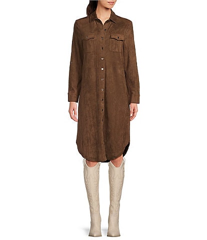 Reba Annie Stretch Faux Suede Point Collar Long Roll-Tab Sleeve Button Front Shirt Dress
