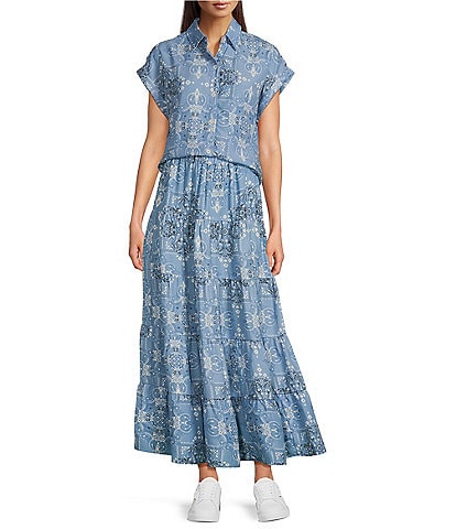Reba Austin Bandana Print Coordinating Point Collar Short Sleeve Button Front Top