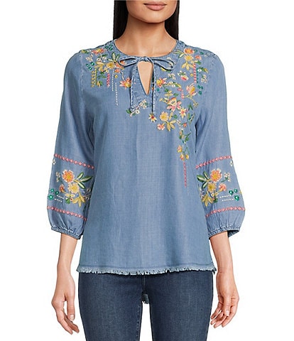 Reba Chambray Floral Embroidered 3/4 Sleeve Tie Split V-Neck Peasant Tunic