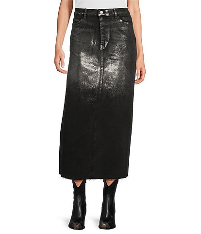 Reba Coated Denim Metallic Ombre High Rise 5-Pocket Back Hem Slit Pencil Midi Length Skirt