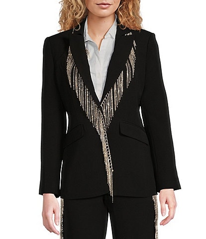 Reba Crepe Rhinestone Fringe Notch Lapel Long Sleeve Button Front Coordinating Blazer