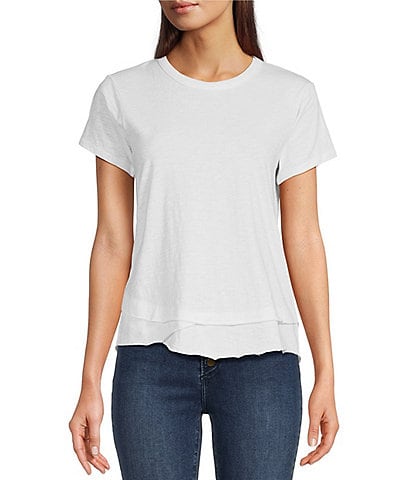 Reba Crew Neck Raw Hem Short Sleeve Knit Tee Shirt